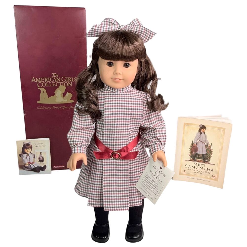 American Girl Samantha Doll Pleasant Co Meet Outfit Shoes Hair Tie Wrist Tag Box